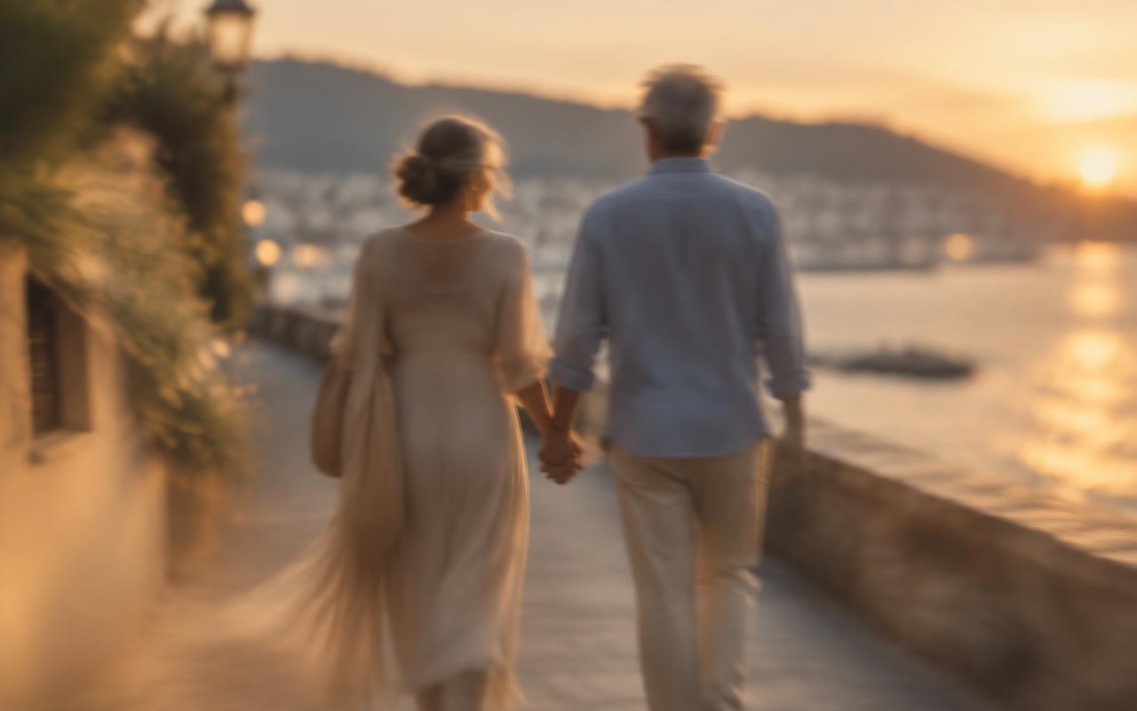 Couple marchant main dans la main au crépuscule