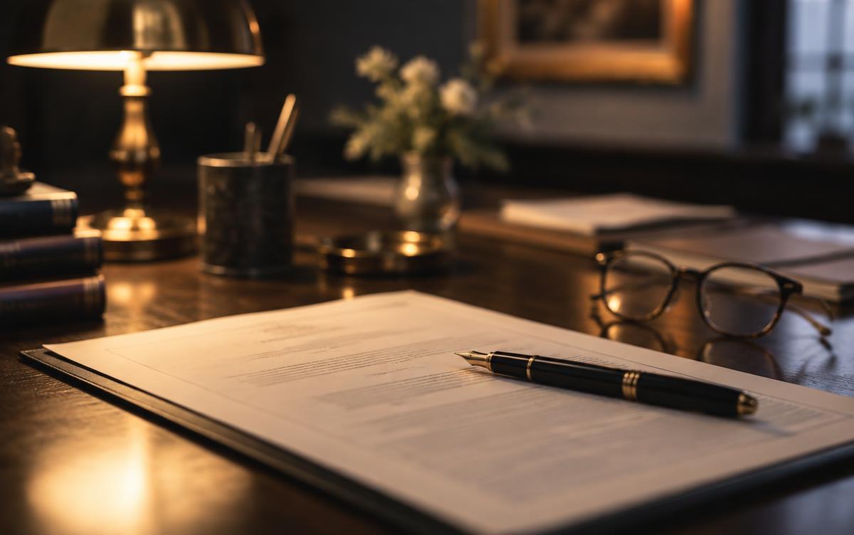 Document officiel et stylo plume sur un bureau sombre, éclairés par une lampe de style ancien