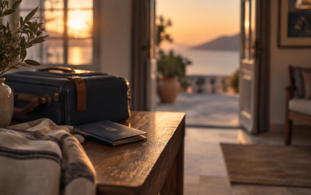 Valise et passeport posés sur une table en bois, lumière dorée du crépuscule