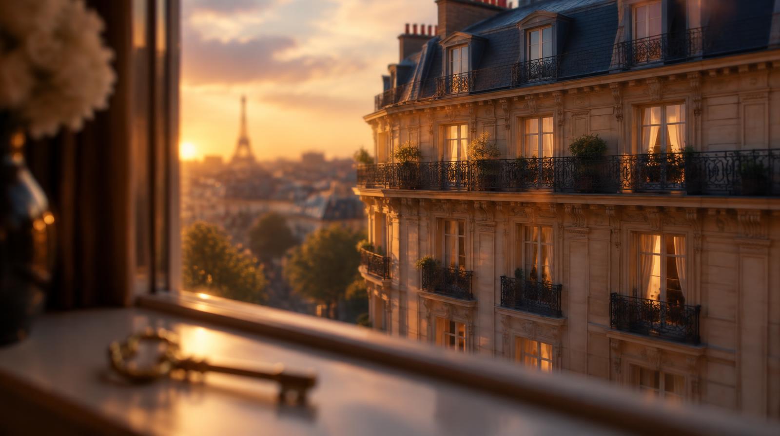 Clé sur un rebord de fenêtre face à un immeuble haussmannien parisien au couchant
