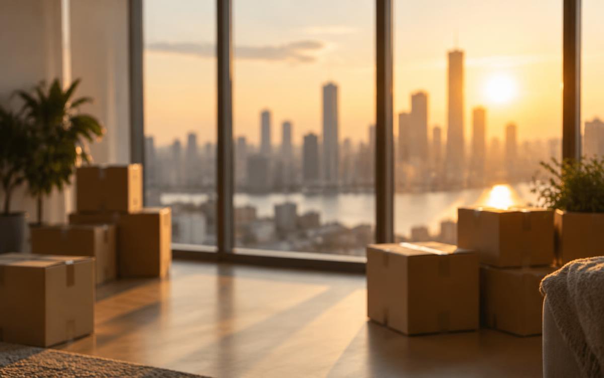 Cartons de déménagement dans un appartement baigné de lumière au lever du soleil, ville à l'horizon