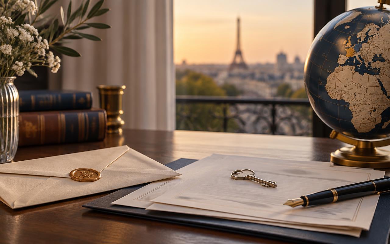 Documents successoraux, clé et globe terrestre dans un cabinet parisien